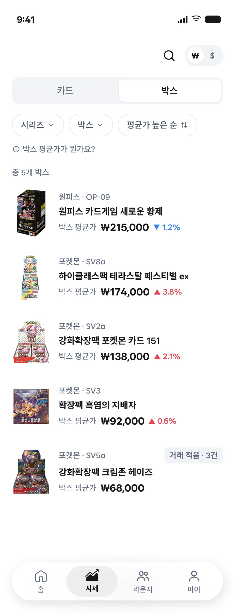 시세 박스 화면