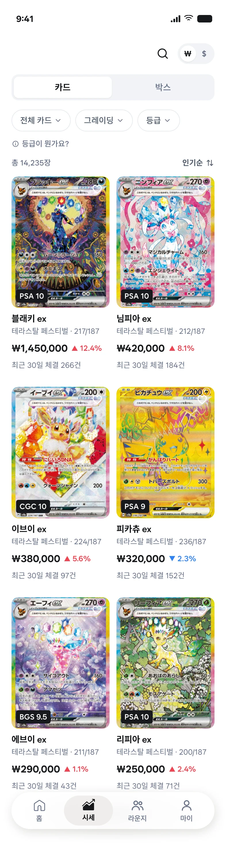 시세 카드 화면